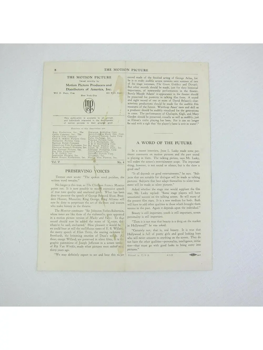 The Motion Picture News Publication MPPDA Film Industry Ephemera Vintage 1929